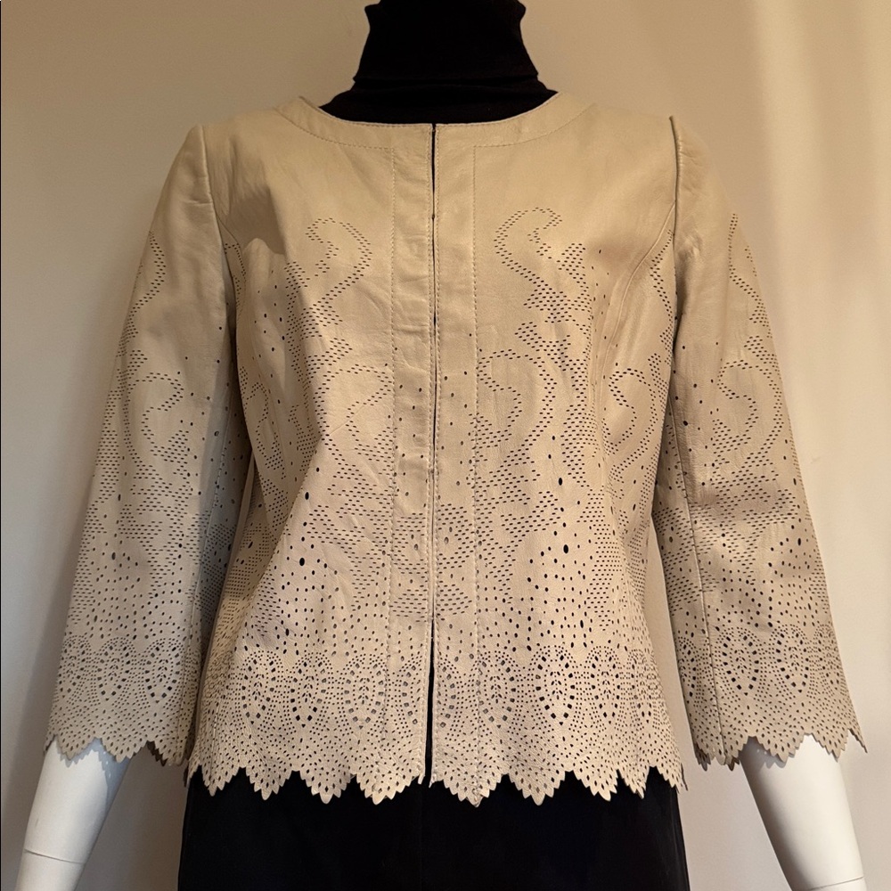 TORY BURCH LASER CUT LAMB LEATHER JACKET THREE QUARTER SLEEVES NEUTRAL COLOR 6